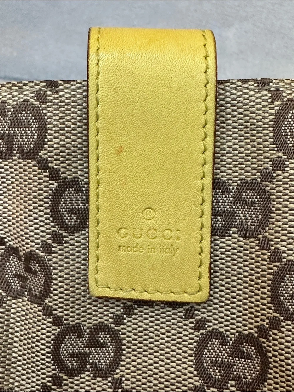 Gucci GG Canvas Mini Pouch Bag Charm Yellow Leather Clip